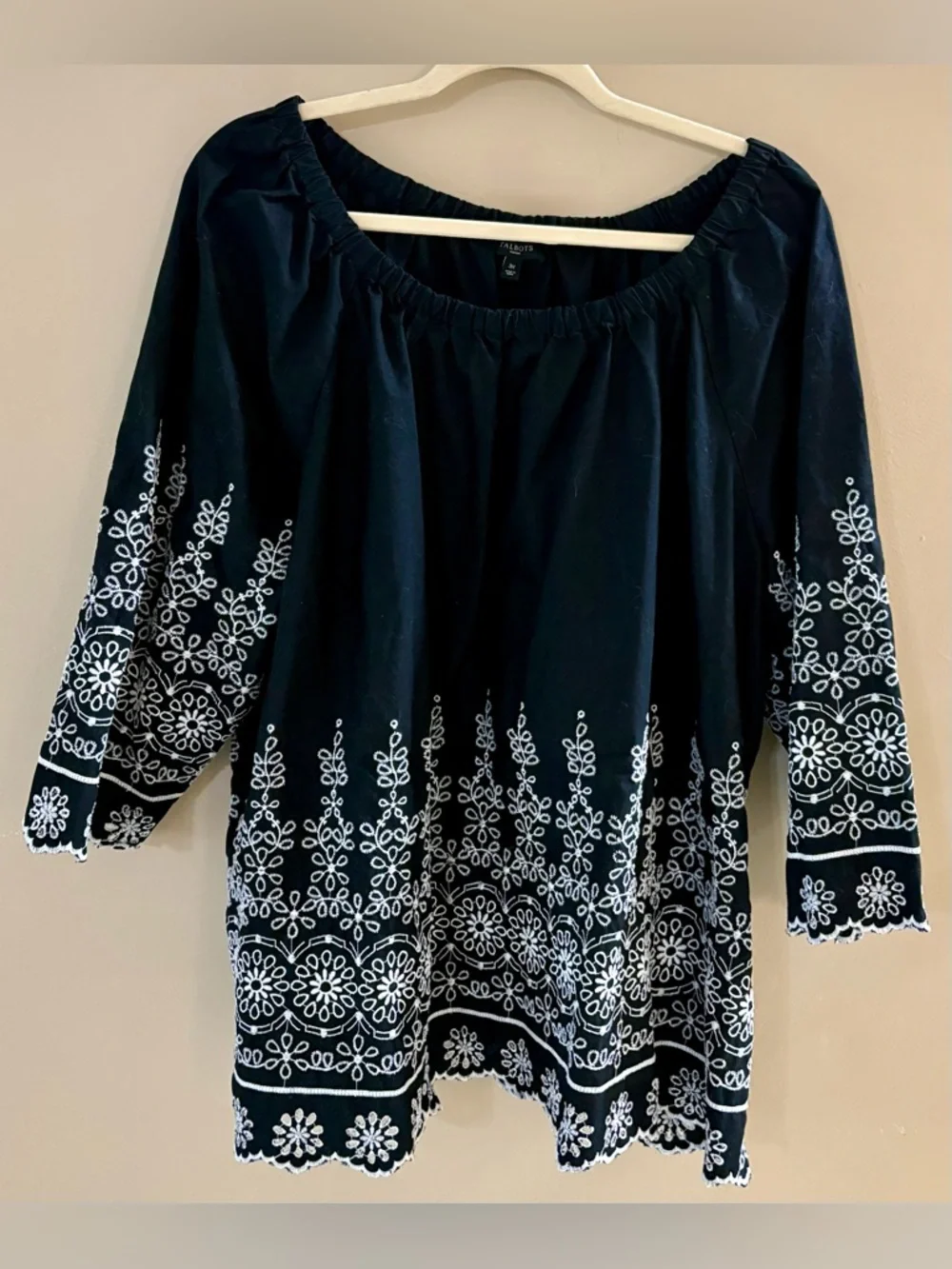Talbots 3X Cotton Blouse w/Embroidery and Scalloped Hem, 3/4 Sleeves - Picture 1 of 5